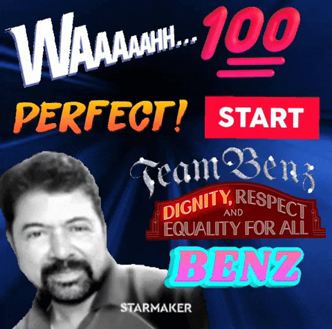 a man with a beard is surrounded by various phrases including perfect start team benz dignity respect and equality for all