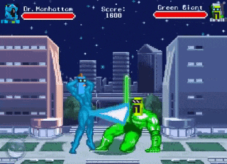 a video game with dr. manhattan and green giant in it
