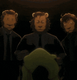 a cartoon of three lions in suits and ties standing next to each other