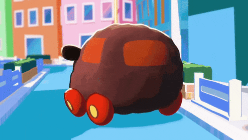 a cartoon car with red wheels is driving down a city street