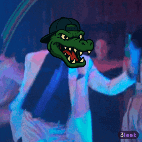 a cartoon of a crocodile wearing a hat and a suit has the number 3 look on the bottom right