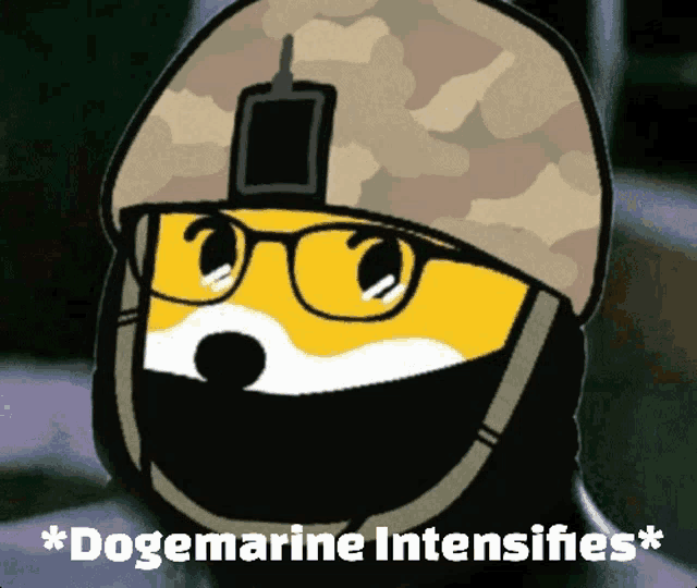 a cartoon of a dog wearing a helmet and glasses with the words * dogemarine intensifies * below it