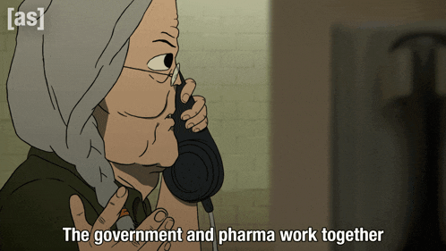 a cartoon of an old woman talking on a phone with the words the government and pharma work together