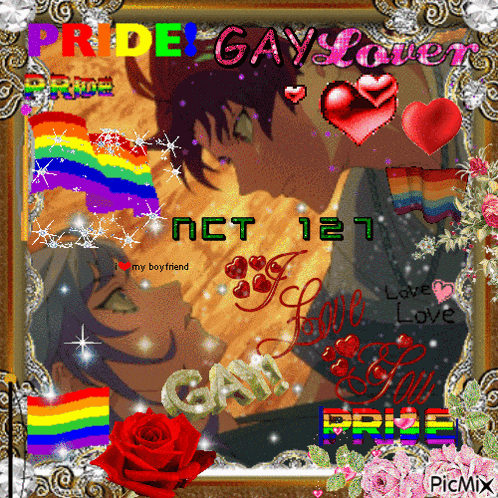 a picture of a couple kissing with the words " pride gay lover " on the top