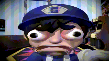 a cartoon character wearing a blue hat with the letter b on it