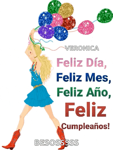 a girl in a blue dress is holding a bunch of balloons and says veronica feliz dia