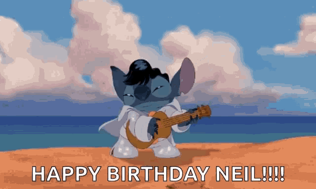 a cartoon character playing a guitar on a beach with the words happy birthday neil
