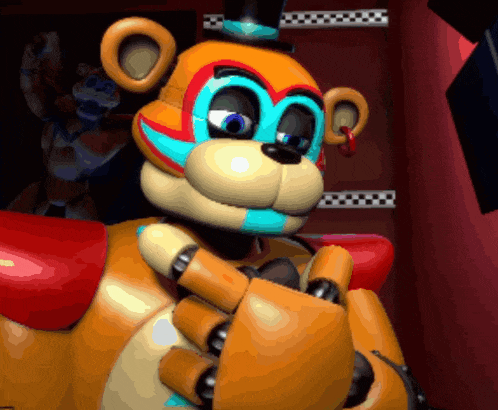 a close up of a cartoon character with a blue and orange face