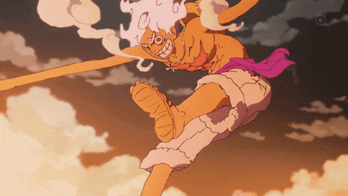 a cartoon character with a pink scarf around his waist is flying in the air