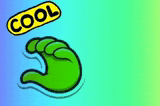 a green hand with a cool sticker on it