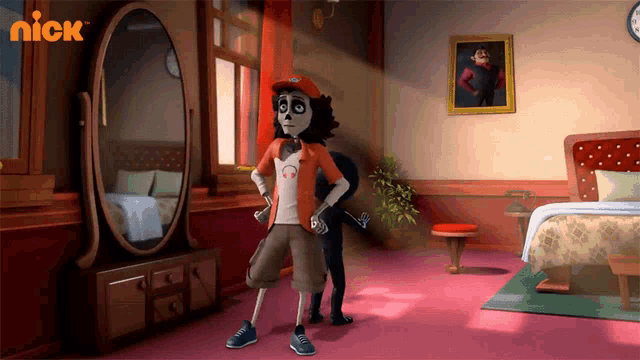 a cartoon character is standing in a bedroom with the nick logo on the bottom