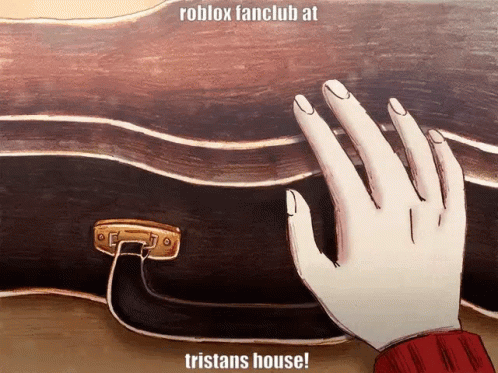 a drawing of a hand reaching for a briefcase with the words roblox fanclub at tristans house below it