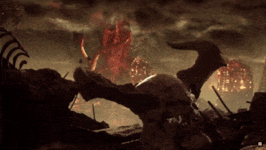 a video game scene with a skull in the foreground and a red tower in the background