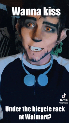 a man with headphones around his neck has a caption that says " wanna kiss under the bicycle rack at walmart "