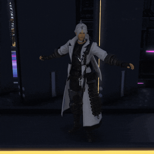 a man in a white coat holds a sword