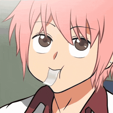 a cartoon character with pink hair is sticking out his tongue