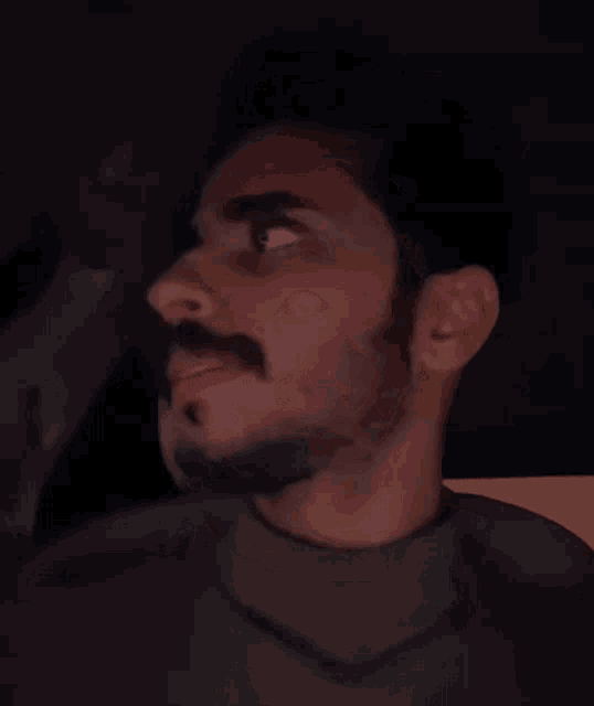 a man with a beard is sitting in a car at night and making a funny face .