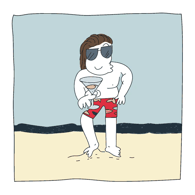 a cartoon drawing of a man on the beach holding a martini glass
