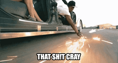 a man is cutting the side of a car with the words that shit cray written below him