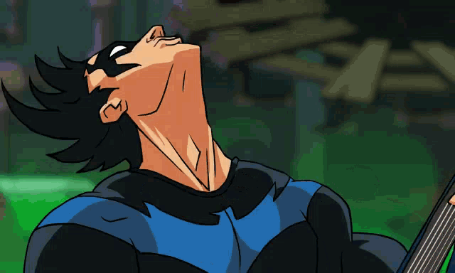 a cartoon drawing of a man in a black and blue costume