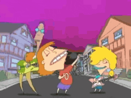 a group of cartoon characters are standing on a street playing guitars ..