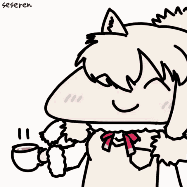 a drawing of a sheep holding a cup of coffee with seseren written below it