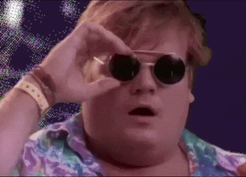 a fat man wearing sunglasses and a purple shirt looks surprised