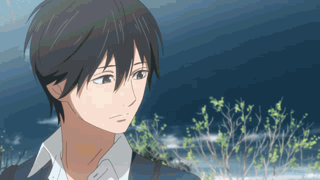 a drawing of a boy with black hair and a white shirt