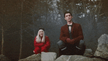 a man and a woman are sitting on rocks in a forest