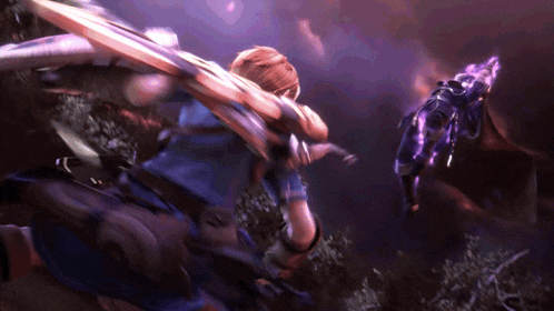 a video game character with a sword and shield is fighting a monster