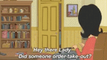 a cartoon of a woman asking if someone ordered take-out