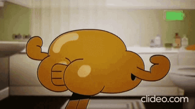 a cartoon character from the amazing world of gumball flexes his muscles in a bathroom