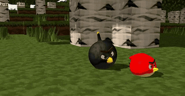 a red angry bird is standing in the grass in a minecraft video game