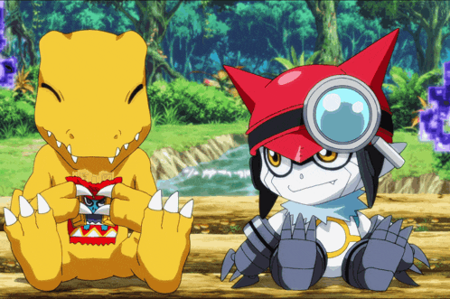 two cartoon characters are sitting next to each other and one of them is wearing a red hat