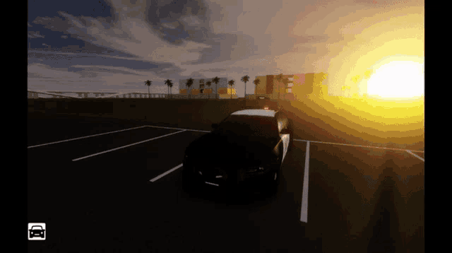 a police car is parked in a parking lot with the sun shining through the clouds