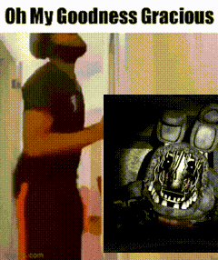 a man with a beard is standing next to a picture of bonnie from five nights at freddy 's
