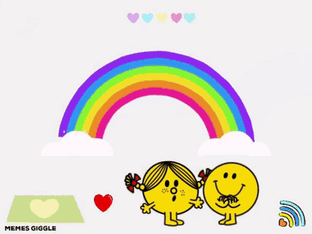 a couple of cartoon characters standing under a rainbow with a card that says have a nice day memes giggle