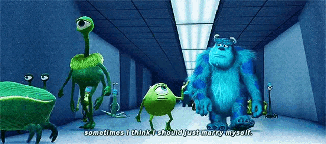 a group of monsters from the movie monsters inc are standing in a hallway
