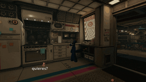 a video game character in a kitchen with the word quieres on the bottom