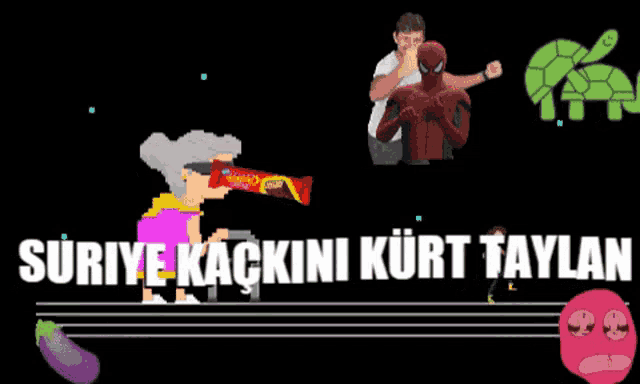 a cartoon of an elderly woman driving a car with the words suriye kackini kurt taylan