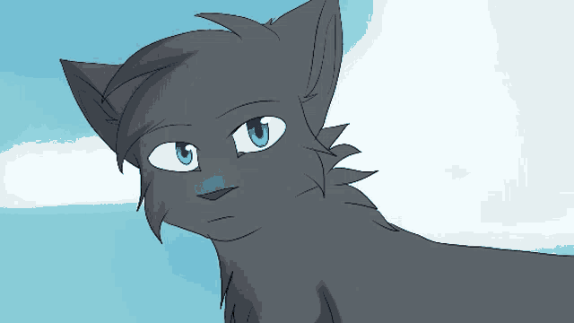 a drawing of a cat with blue eyes and a blue sky in the background