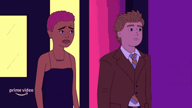a cartoon of a man and a woman standing next to each other with the words prime video on the bottom left