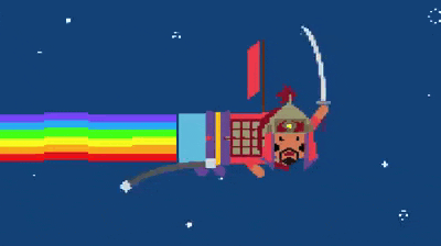 a pixel art of a samurai with a sword and a rainbow behind him
