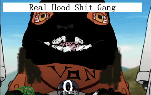 a cartoon drawing of a man wearing a black mask with the words real hood shit gang above him