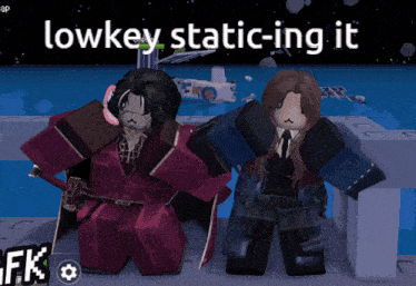 a man and a woman are standing next to each other with the words lowkey static-ing it behind them