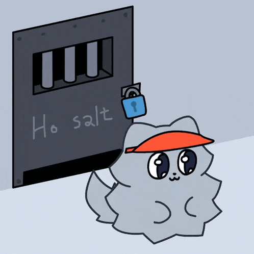 a cartoon cat wearing a red hat is standing in front of a jail cell that says ho salt