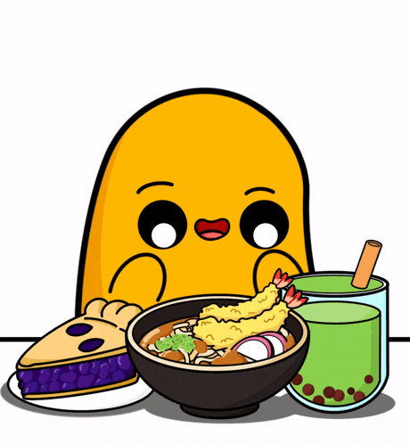 a cartoon drawing of a ghost eating a bowl of food and drinks