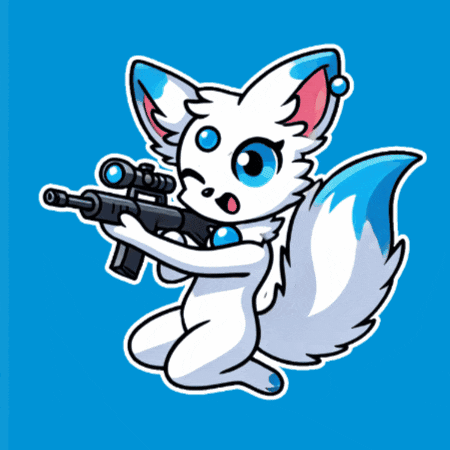 a cartoon of a white fox holding a gun on a blue background