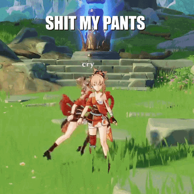 two anime girls standing next to each other with the words shit my pants written on the bottom