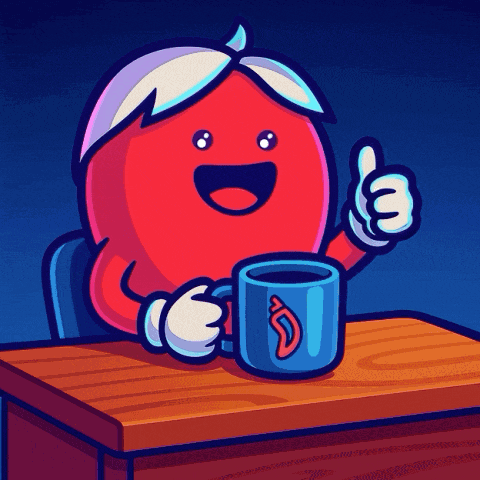 a cartoon character giving a thumbs up while sitting at a desk